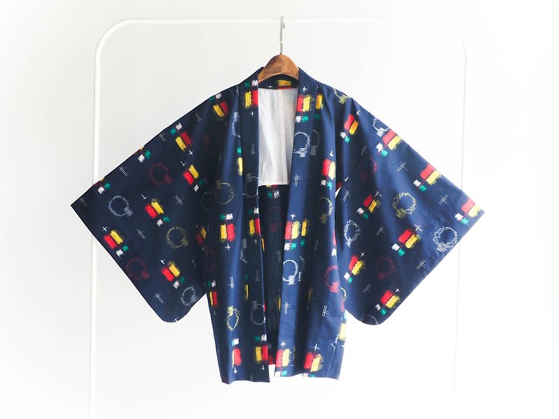 River Hill - gorgeous little weekend playful painted antique Japanese kimono jacket feather woven vintage - เสื้อแจ็คเก็ต - วัสดุอื่นๆ สีน้ำเงิน