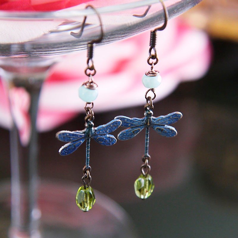 Natural stone bronze dragonfly earrings - Earrings & Clip-ons - Other Metals Multicolor