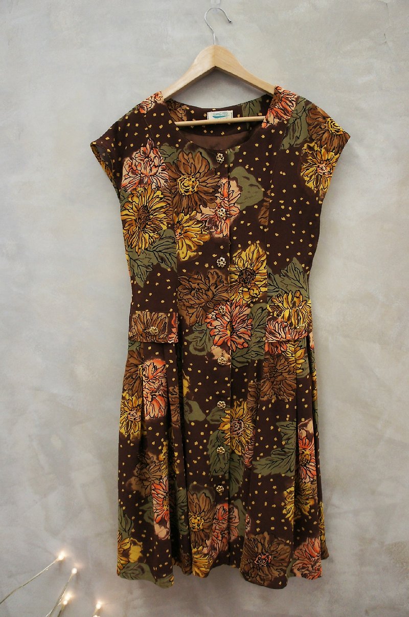 PdB vintage coffee big orange flower color Chiffon Dress - One Piece Dresses - Other Materials Brown