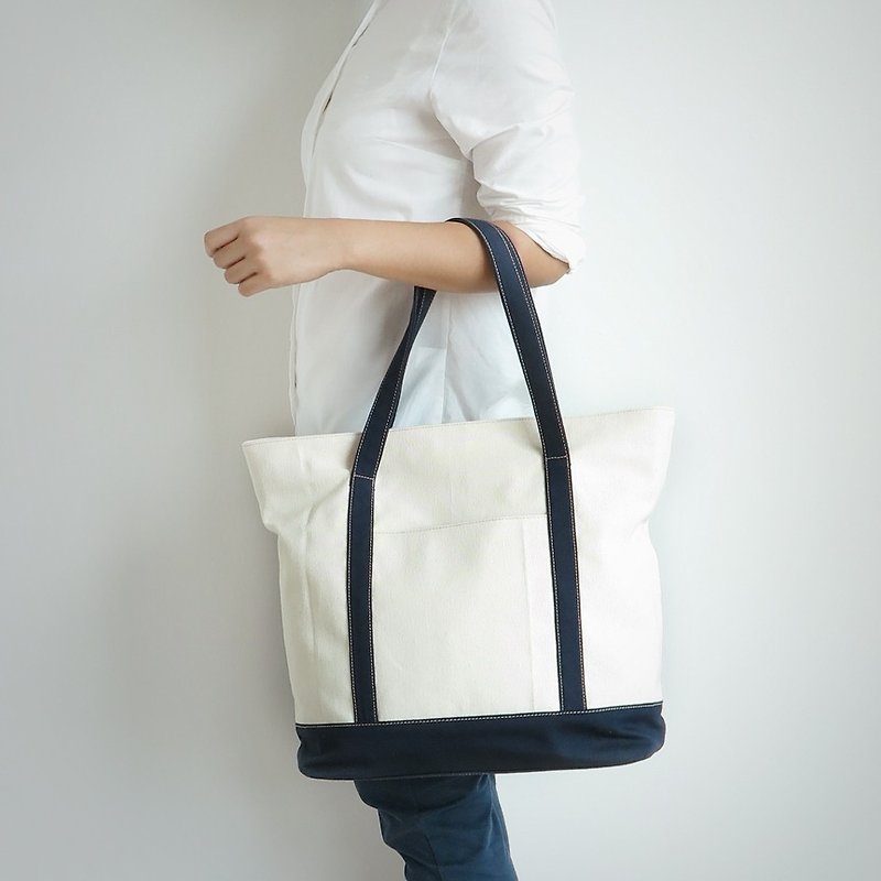 tote bag - raw white+navy blue(strap) - Handbags & Totes - Other Materials White