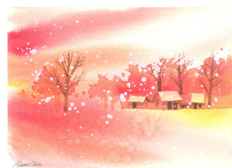 聖誕卡片「療癒系樹林系列1-84」水彩手繪限量版明信片/賀卡 - カード・はがき - 紙 オレンジ
