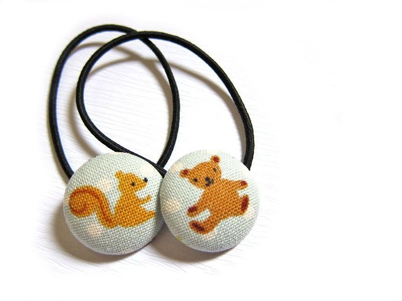Children's hair accessories hand-made cloth wrapped button hair bundle hair tie bear and squirrel elastic band hair tie a set of two - Hair Accessories - Other Materials Blue