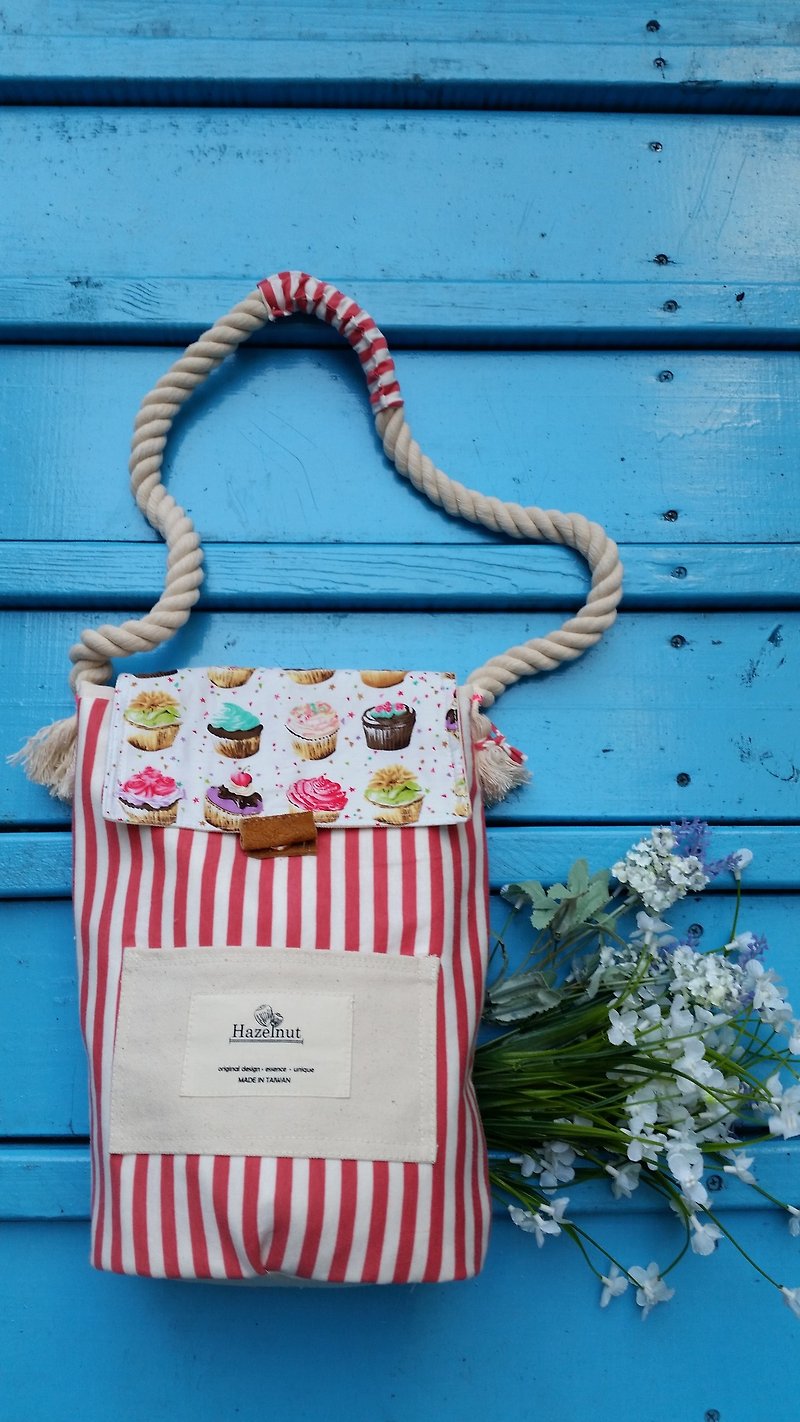 Nordic red and white striped knit fabric with cute cupcakes pattern leather buckle large cotton rope bag / shoulder bag / cotton canvas / handmade - Messenger Bags & Sling Bags - Other Materials White