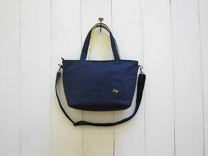 Dachshund Canvas Tote Bag-Small 2.0 Version Two-Color Handle (Navy Blue + Goose Yellow) / Zipper Opening + Removable and Adjustable Strap + Small External Pocket - กระเป๋าแมสเซนเจอร์ - วัสดุอื่นๆ หลากหลายสี