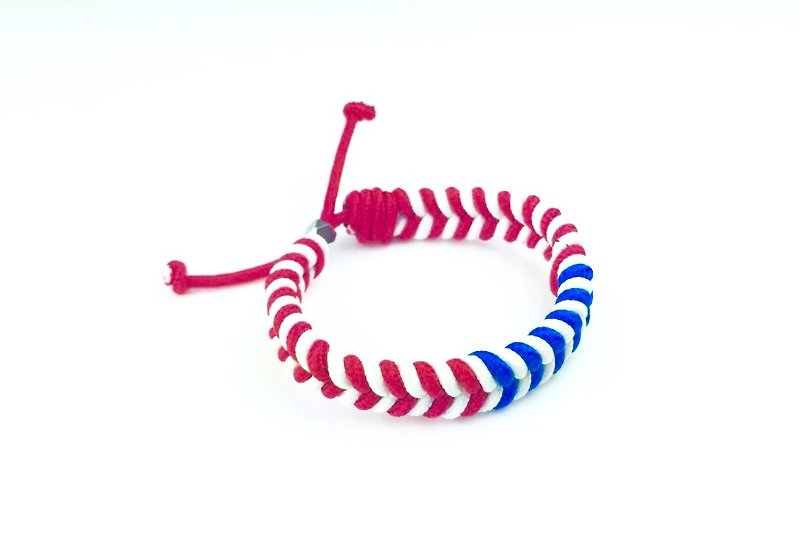 「紅藍白三色條紋編繩」 - 手鍊/手環 - 棉．麻 紅色