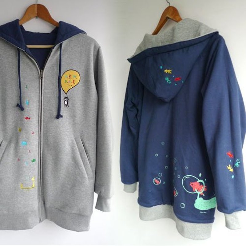 :. Urb double-sided color coat and hide and seek] [fishing for goldfish are suitable for men and women / blue + gray two faces can wear - Women's Casual & Functional Jackets - Cotton & Hemp Blue