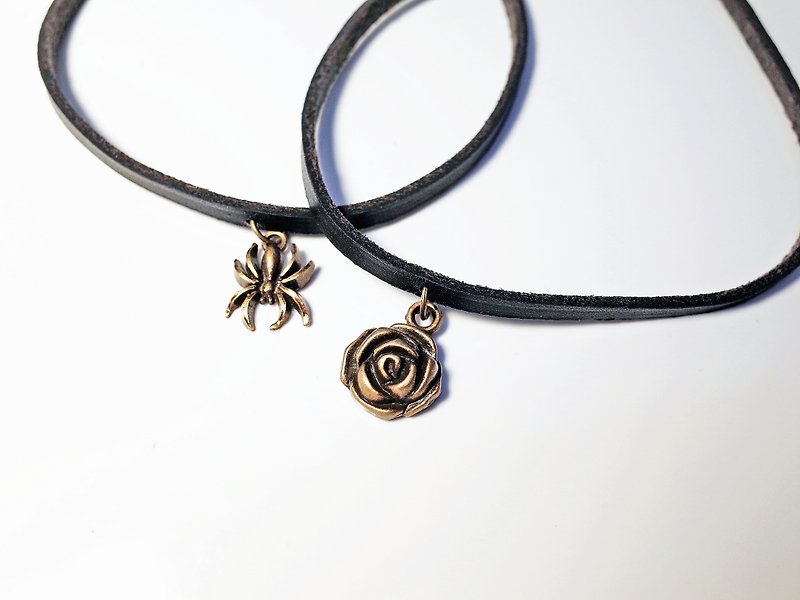 Leather Choker , Rose / Spider Necklace - Necklaces - Genuine Leather Black