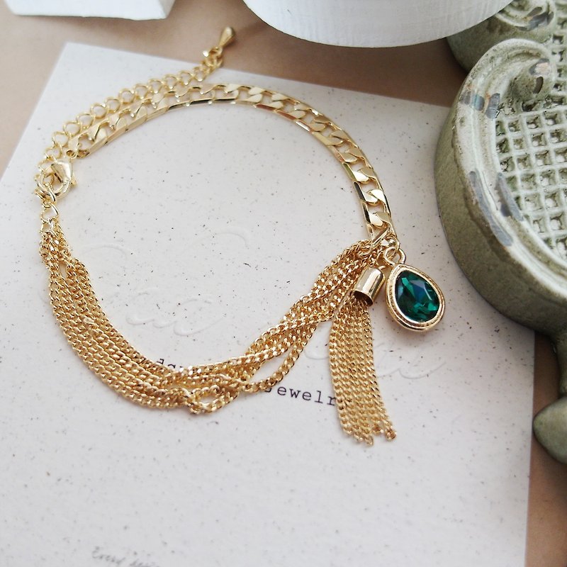 Cha mimi. The Simple Life. Retro emerald bracelet pendant - สร้อยข้อมือ - โลหะ สีทอง