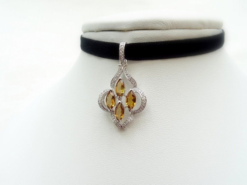Yellow Tourmaline Marquise Cut w/ CZ Micro Pave Set Sterling Silver Pendant - Collar Necklaces - Gemstone Yellow