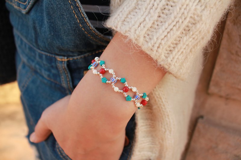 *hippie* Infinity│Limited-Edition Turquoise Meets Ceramic & Shell beads Bracelet - Bracelets - Other Materials Multicolor