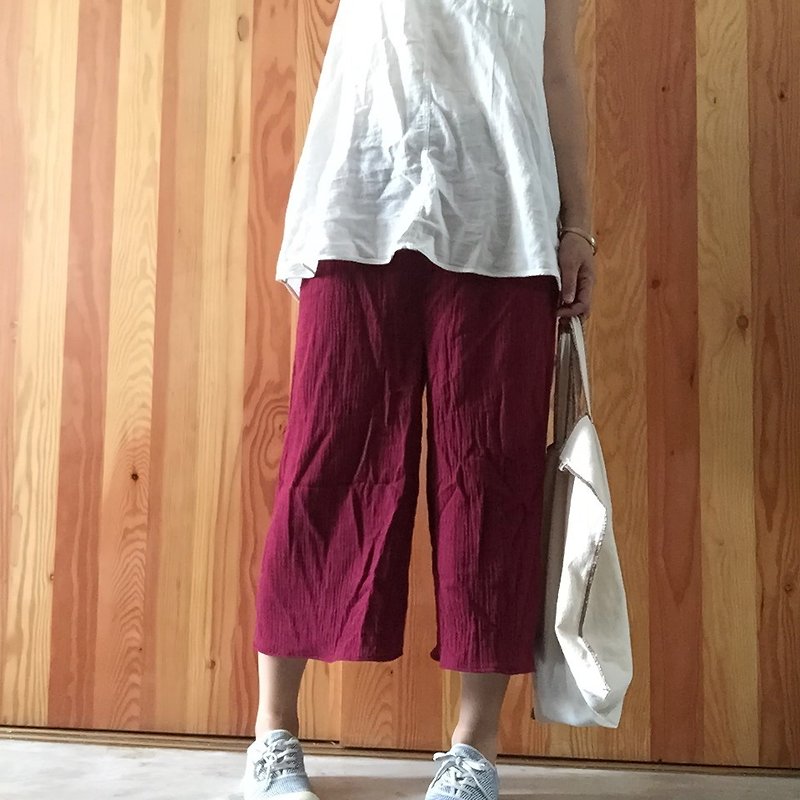 [Limited] forest department of natural water pure cotton low double-eighths La maroon wide tube pants - กางเกงขายาว - วัสดุอื่นๆ สีแดง