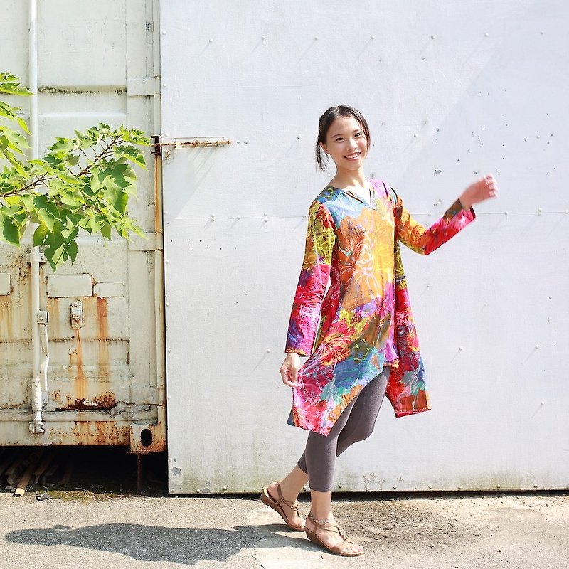 ㊕ quan - cotton shirt Long Kuta formula (Can Flower) - One Piece Dresses - Cotton & Hemp Red
