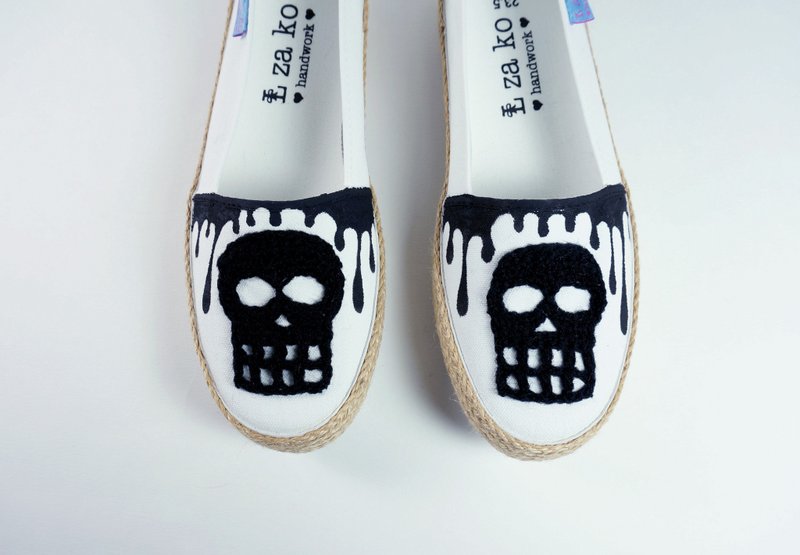 L-zako leisure lazy loafers handmade skull paragraph * (braided paragraph) - รองเท้าลำลองผู้หญิง - ผ้าฝ้าย/ผ้าลินิน สีดำ