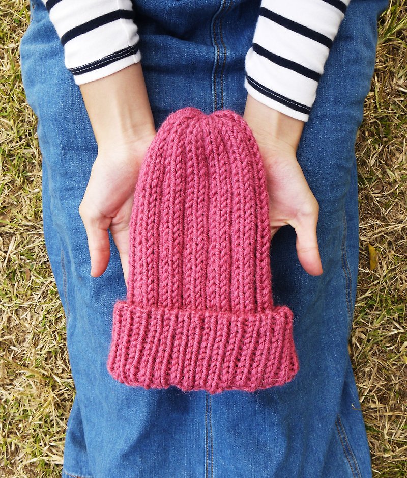 阿母100%的手作帽-反摺毛帽-復古粉紅/新年/禮物 - 帽子 - 其他材質 粉紅色