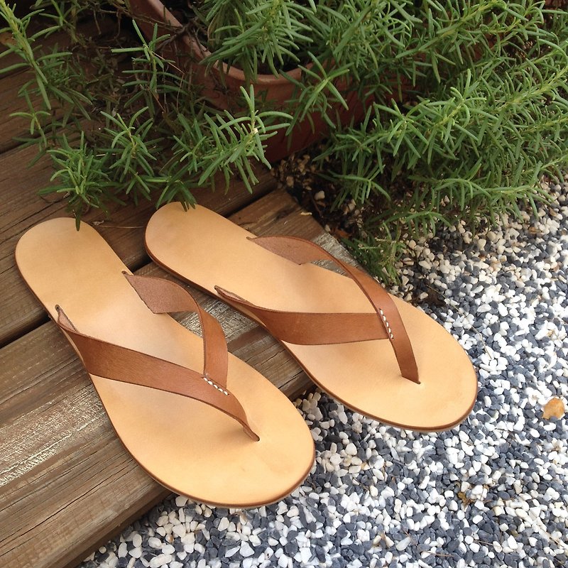 Autumn chestnut> Greek style leather flip flip-flops handmade flip-flops - Sandals - Genuine Leather Brown