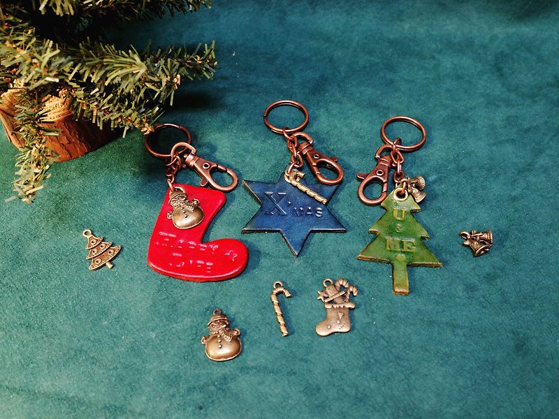 聖誕客製款 手工皮革鑰匙圈 (11色/免費刻字) - 鑰匙圈/鎖匙扣 - 真皮 綠色