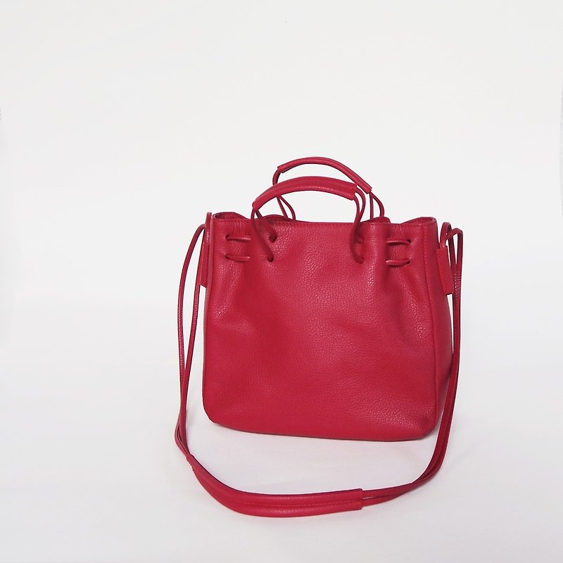 Clyde Cloud XS Leather Bucket Bag in Strawberry Color - Messenger Bags & Sling Bags - Genuine Leather Red