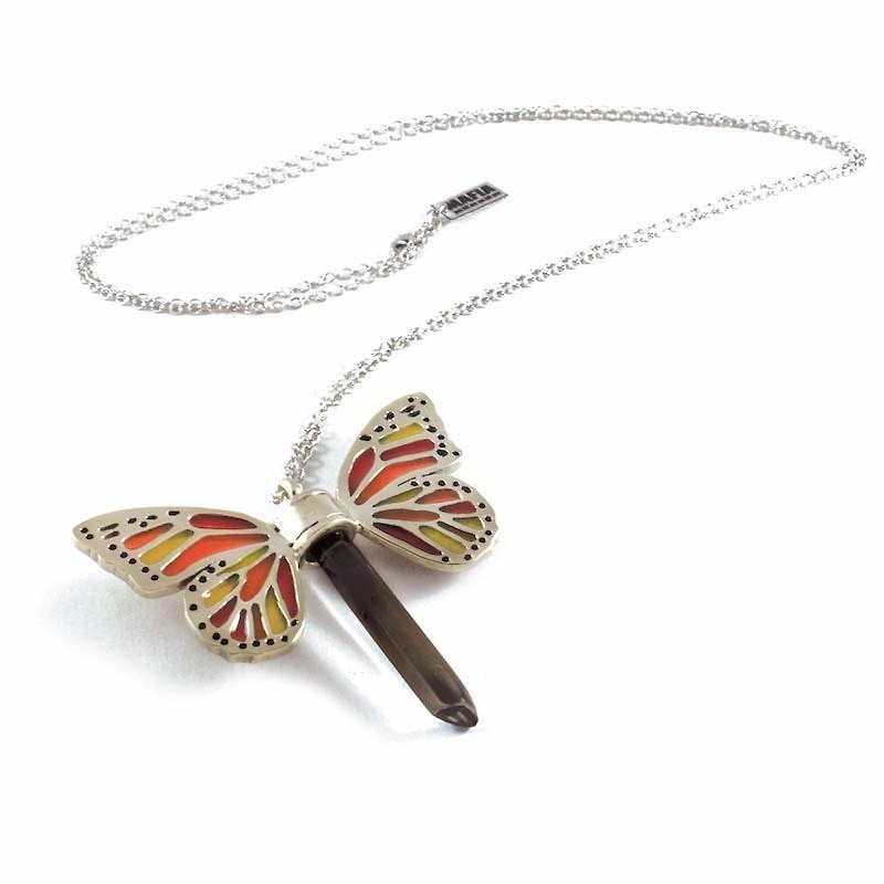 White bronze Butterfly wing pendant with smoky raw quartz stone and enamel color - สร้อยคอ - โลหะ 