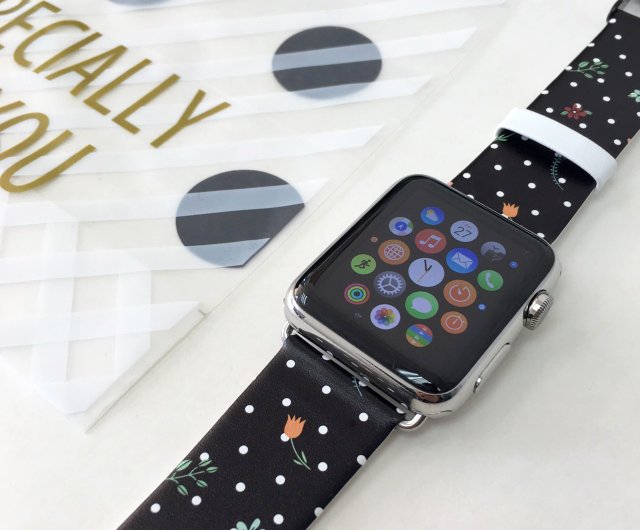 Black Polka Dots Flowers Printed on Leather watch band for Apple Watch Fitbit