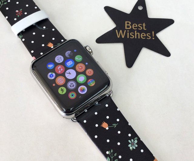 Black Polka Dots Flowers Printed on Leather watch band for Apple Watch Fitbit