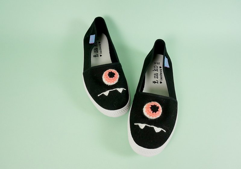 Handmade casual lazy shoes eyeball eye section non-woven models - รองเท้าลำลองผู้หญิง - ผ้าฝ้าย/ผ้าลินิน สีดำ