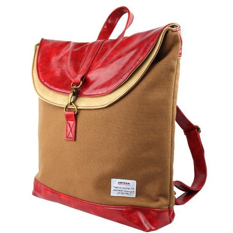 AMINAH-Brown laminated backpack [am-0273] - กระเป๋าเป้สะพายหลัง - ผ้าฝ้าย/ผ้าลินิน สีนำ้ตาล