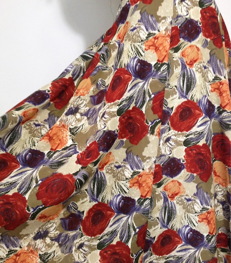 バックヴィンテージドレスVINTAGEに海外ヴィンテージ時間[日本/暖かい光アンティーク赤い花の大きなスカートドレス] - スカート - その他の素材 レッド