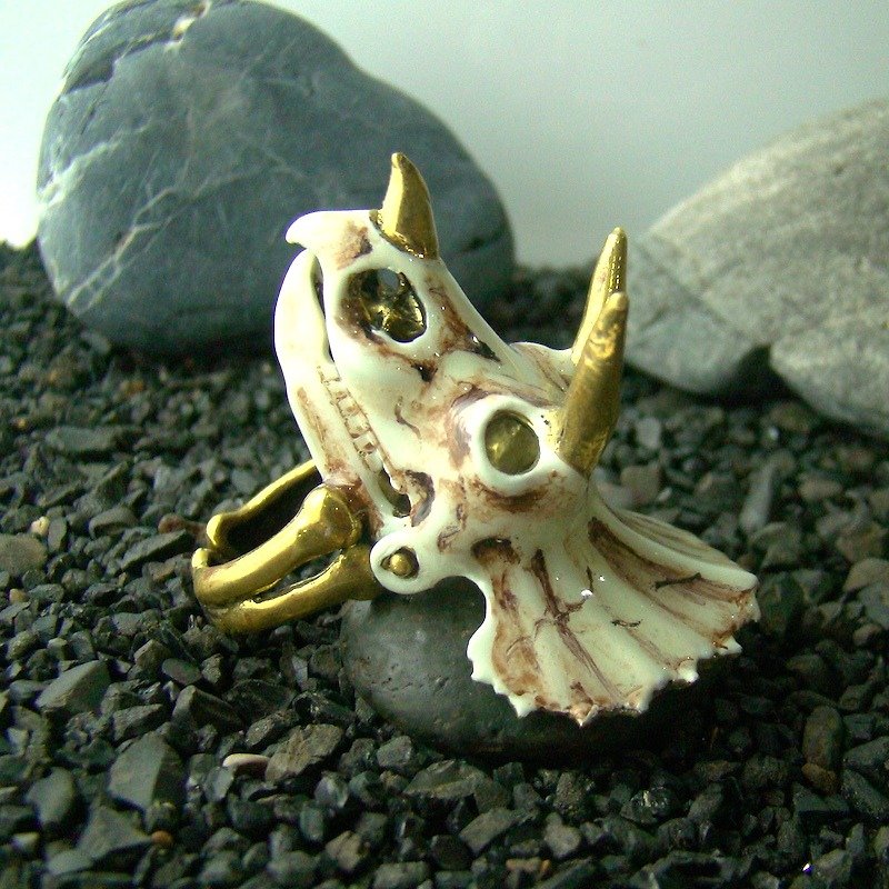 Realistic Triceratops skull in brass and enamel color ,Rocker jewelry ,Skull jewelry,Biker jewelry - General Rings - Other Metals 