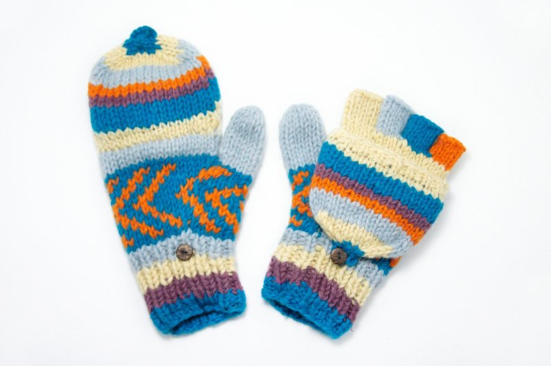 Christmas gifts / hand-woven pure wool knit gloves / detachable gloves (made in nepal) - Sky Blue playful color - Gloves & Mittens - Other Materials Blue