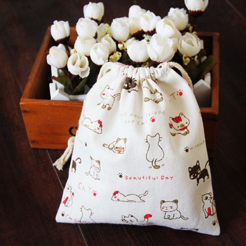 Customized Medium Cute Cartoon Kitty Cotton Linen Storage Bag Drawstring Pocket Drawstring Bag - Toiletry Bags & Pouches - Cotton & Hemp 