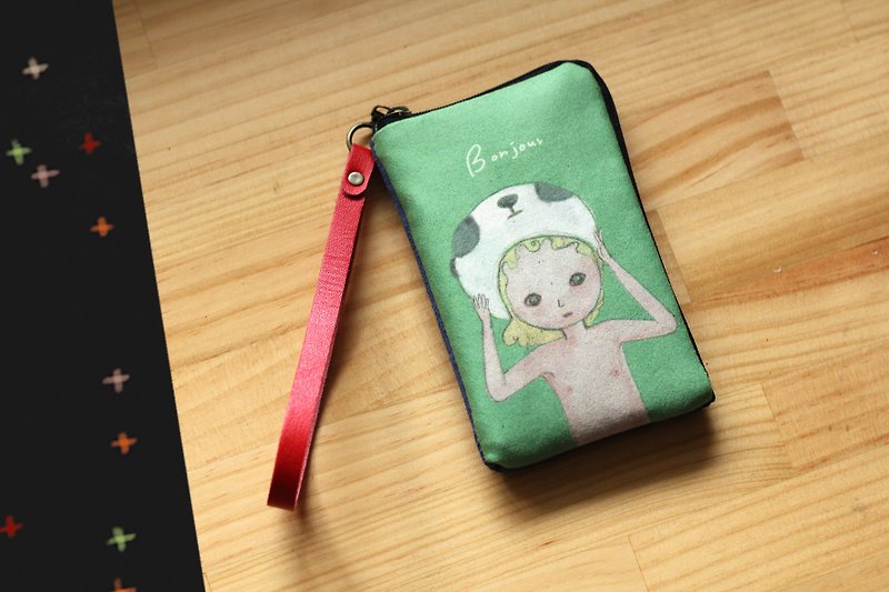 Panda kid illustration mobile phone bag iPhone mini/wallet/document bag/card holder - Coin Purses - Other Materials Green