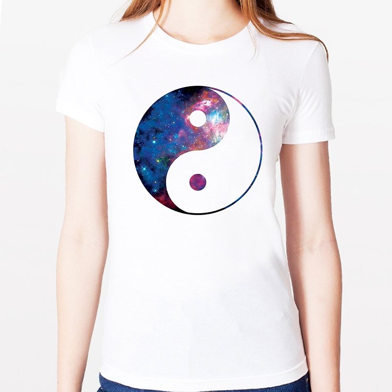 Ying Yang-Galaxy Girls Short Sleeve T-Shirt-White Tai Chi Yin Yang Galaxy Universe デザイン - Tシャツ - コットン・麻 ホワイト