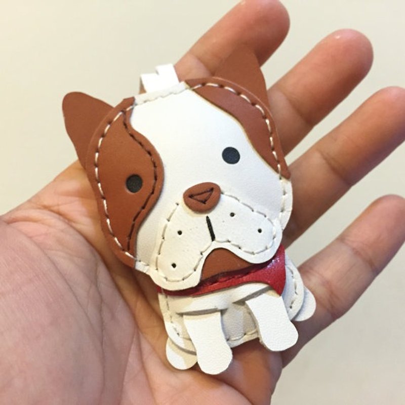 Handmade leather} {Leatherprince Taiwan MIT coffee / white cute French Bulldog pure hand-stitched leather strap / Marco the French Bulldog cowhide leather charm in Brown / White (Small size / small size) - Keychains - Genuine Leather Brown