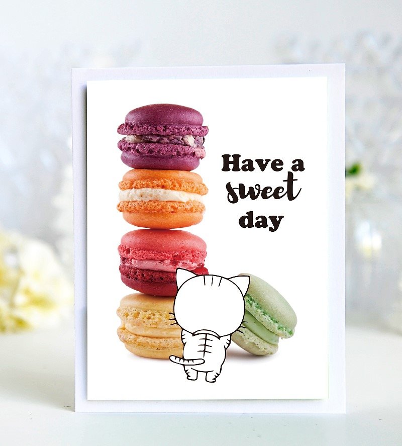 3 Have a sweet day (cat and macaron) Universal Card / cat happy birthday card / colorful macaroons dessert / card handmade English - Cards & Postcards - Paper Green
