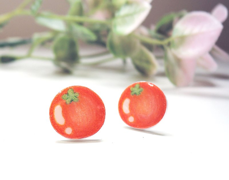 Red small tomato handmade earrings anti-allergic ear acupuncture painless Clip-On - ต่างหู - พลาสติก สีแดง