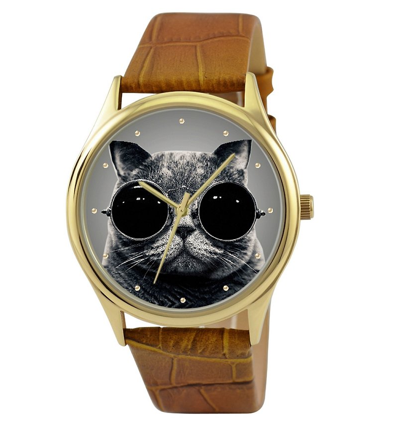 Cat Watches (Black and White) + gold shell sunglasses - นาฬิกาผู้หญิง - โลหะ สีทอง