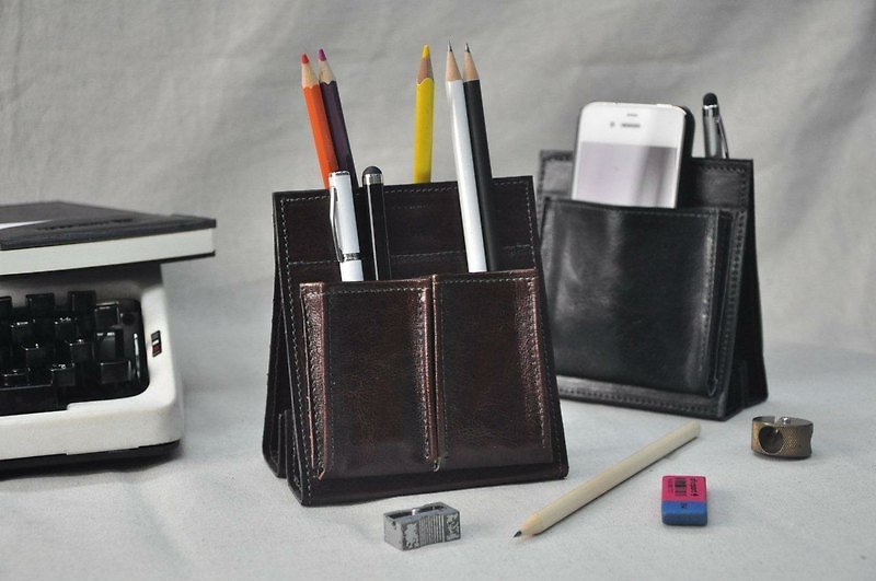 Stand up leather stationery sticker (PU leather version) - Pen & Pencil Holders - Genuine Leather Brown
