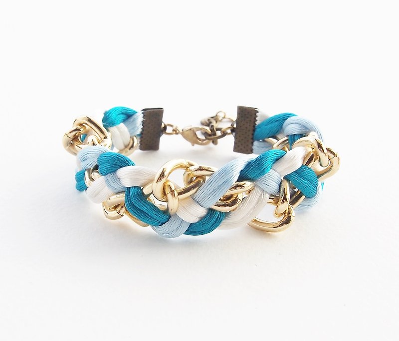 Blue mint white braided with gold chain bracelet. - 手鍊/手鐲 - 其他材質 藍色