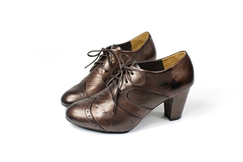 Bronze carved chunky heel nude boots - รองเท้าอ็อกฟอร์ดผู้หญิง - หนังแท้ สีนำ้ตาล
