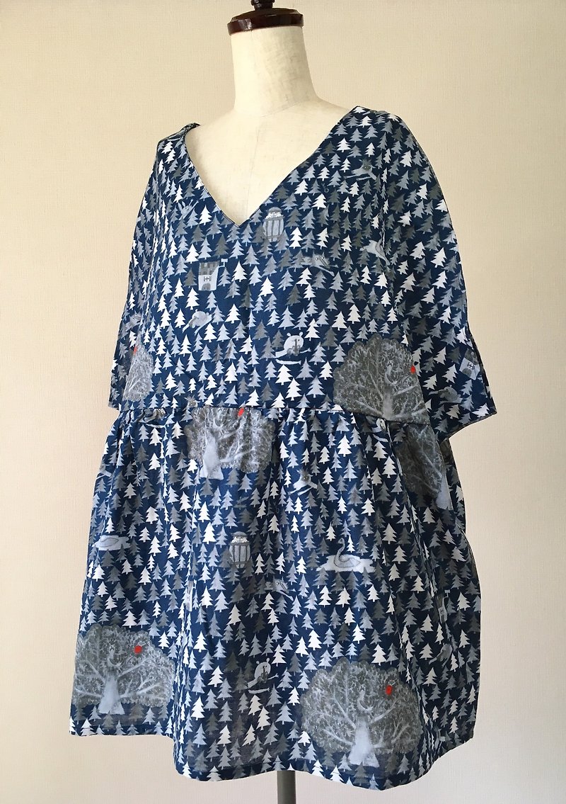 森　チュニックワンピース　ダークネイビー - 洋裝/連身裙 - 棉．麻 藍色