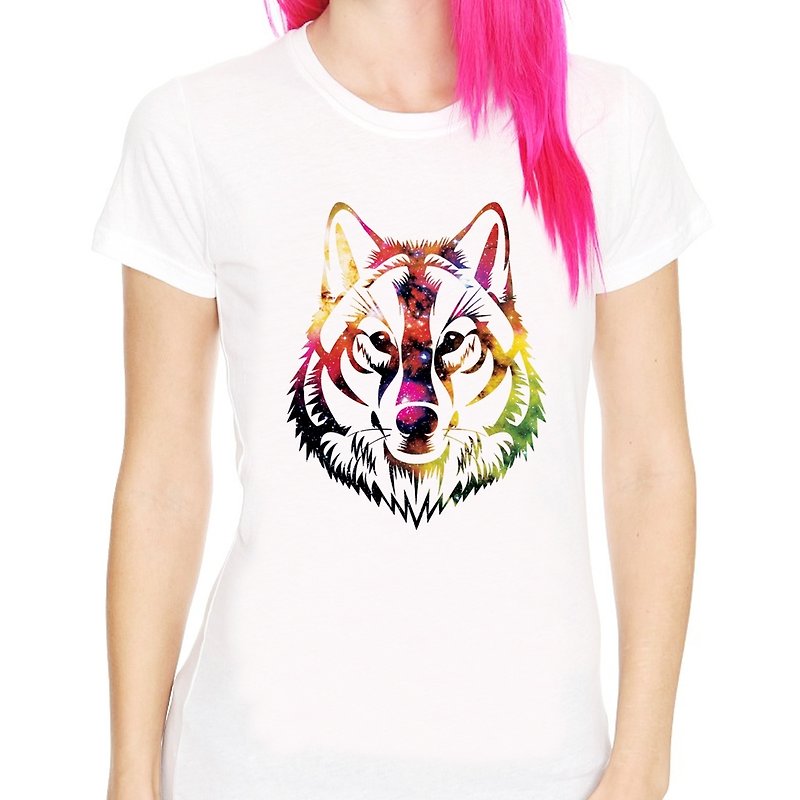 COSMIC WOLF女生短袖T恤-白色 狼 宇宙 設計 自創 品牌 銀河系 時髦 圓 三角形 - 女 T 恤 - 其他材質 白色