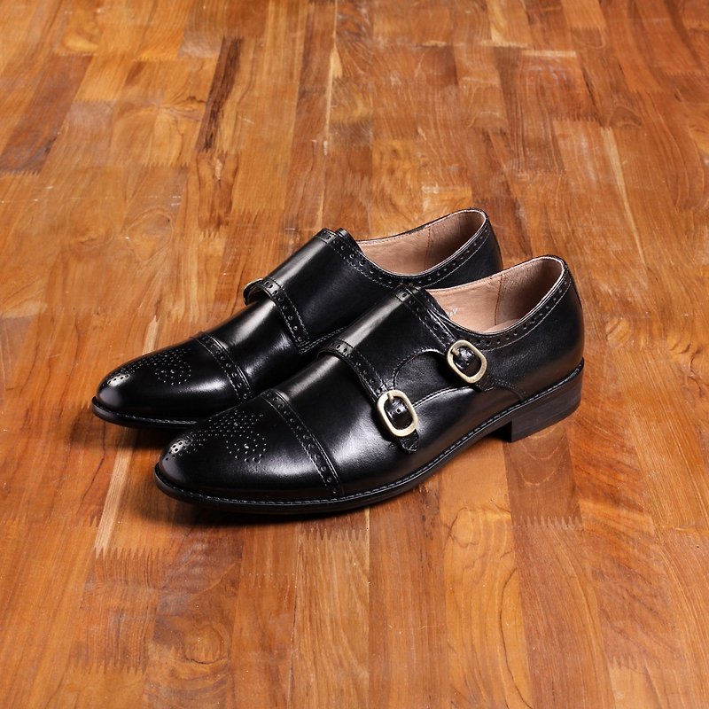 Vanger  x PLaiN-me 聯名企劃經典雙扣孟克仕鞋 Va99紳士黑 - 男休閒鞋 - 真皮 黑色