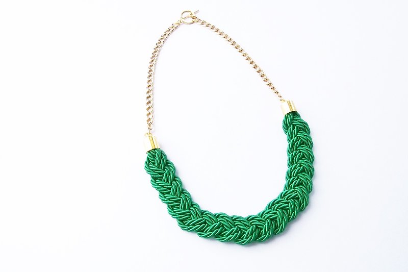 Green rope braided necklace with gold plated chain - สร้อยคอ - กระดาษ สีเขียว