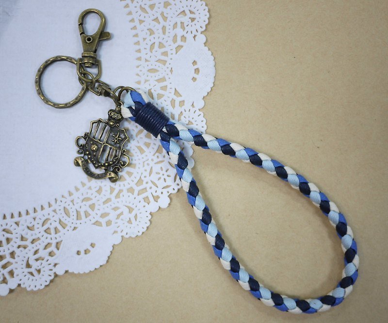 ~M+Bear~ Vintage woven key ring, Wax thread woven key ring (four-strand side: blue) - Other - Cotton & Hemp Blue