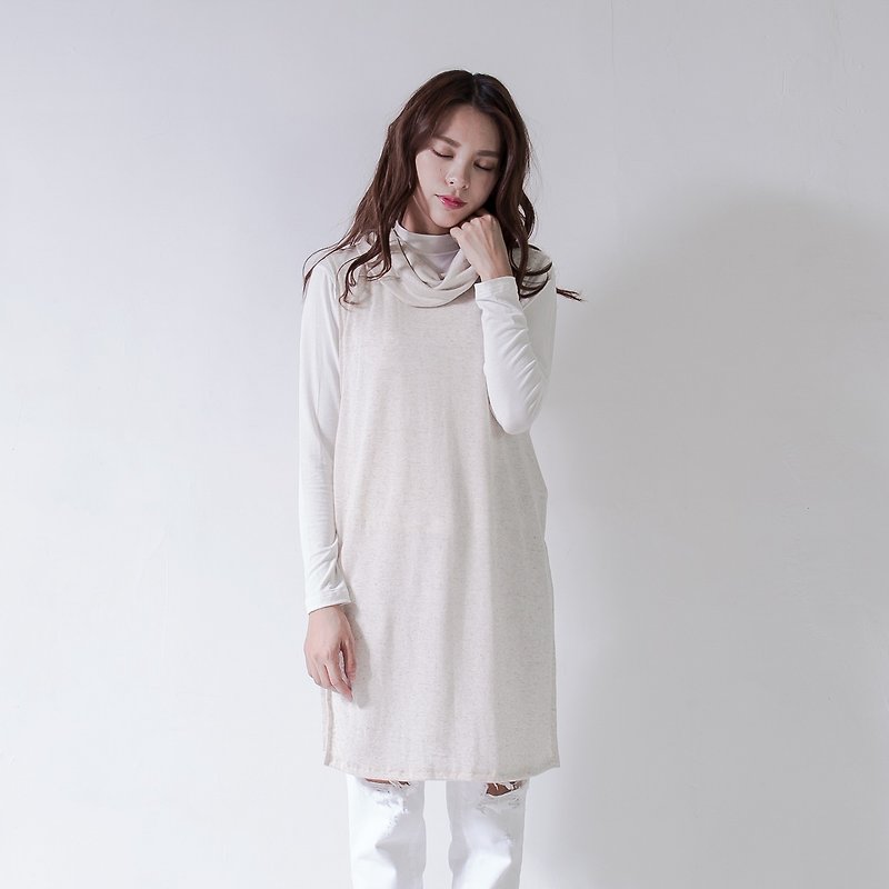 Turtleneck large lapel knitted vest _5AF201_ off-white knit - จัมพ์สูท - ผ้าฝ้าย/ผ้าลินิน ขาว