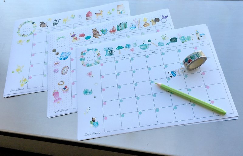 Zoe's forest handwriting month plan (2016 calendar pattern 3 into a total of 12 into each of 4) - ปฏิทิน - กระดาษ 