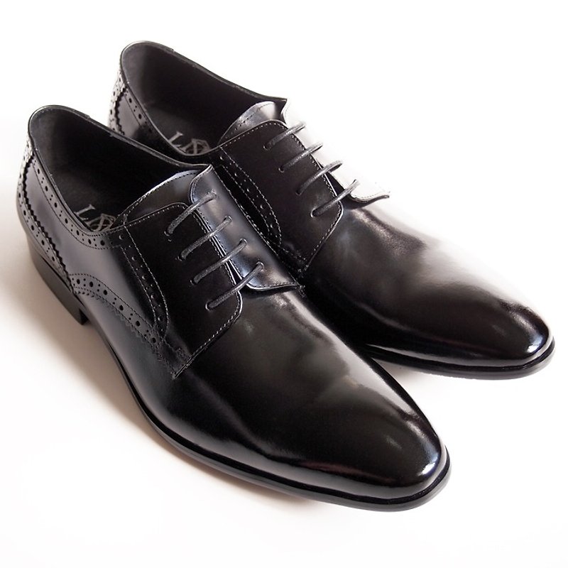 [LMdH] D1A24-99 calf leather with carved wooden Derby Shoes - black - Free Shipping - รองเท้าอ็อกฟอร์ดผู้ชาย - หนังแท้ สีดำ