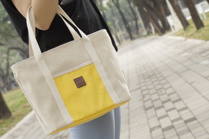 『手感亞麻系列』豔陽黃拼接托特包 - 側背包/斜背包 - 其他材質 黃色