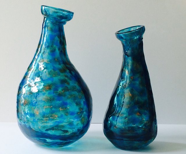 エレガントターコイズブルーステンドグラスの花瓶の装飾 パーソナライズ新築祝いギフト ショップ Innatant Glass 手描きガラス絵 置物 Pinkoi