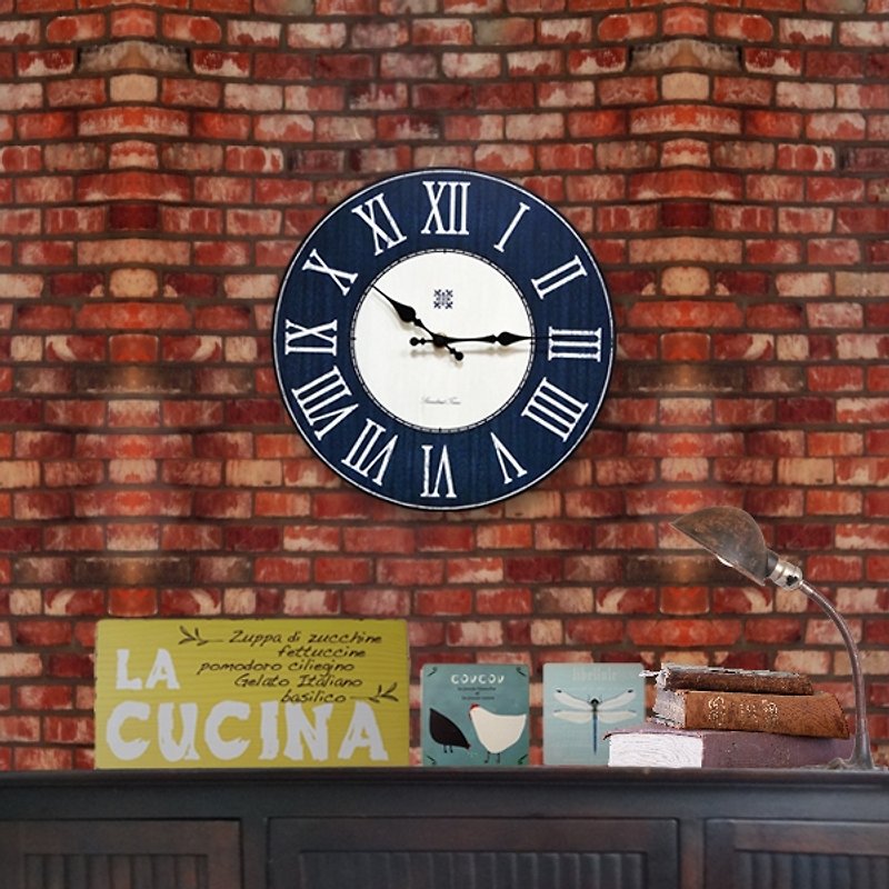 Solid wood retro wall clock-blue-grey-roman numerals-round-30cmX30cm-mute - นาฬิกา - ไม้ สีน้ำเงิน